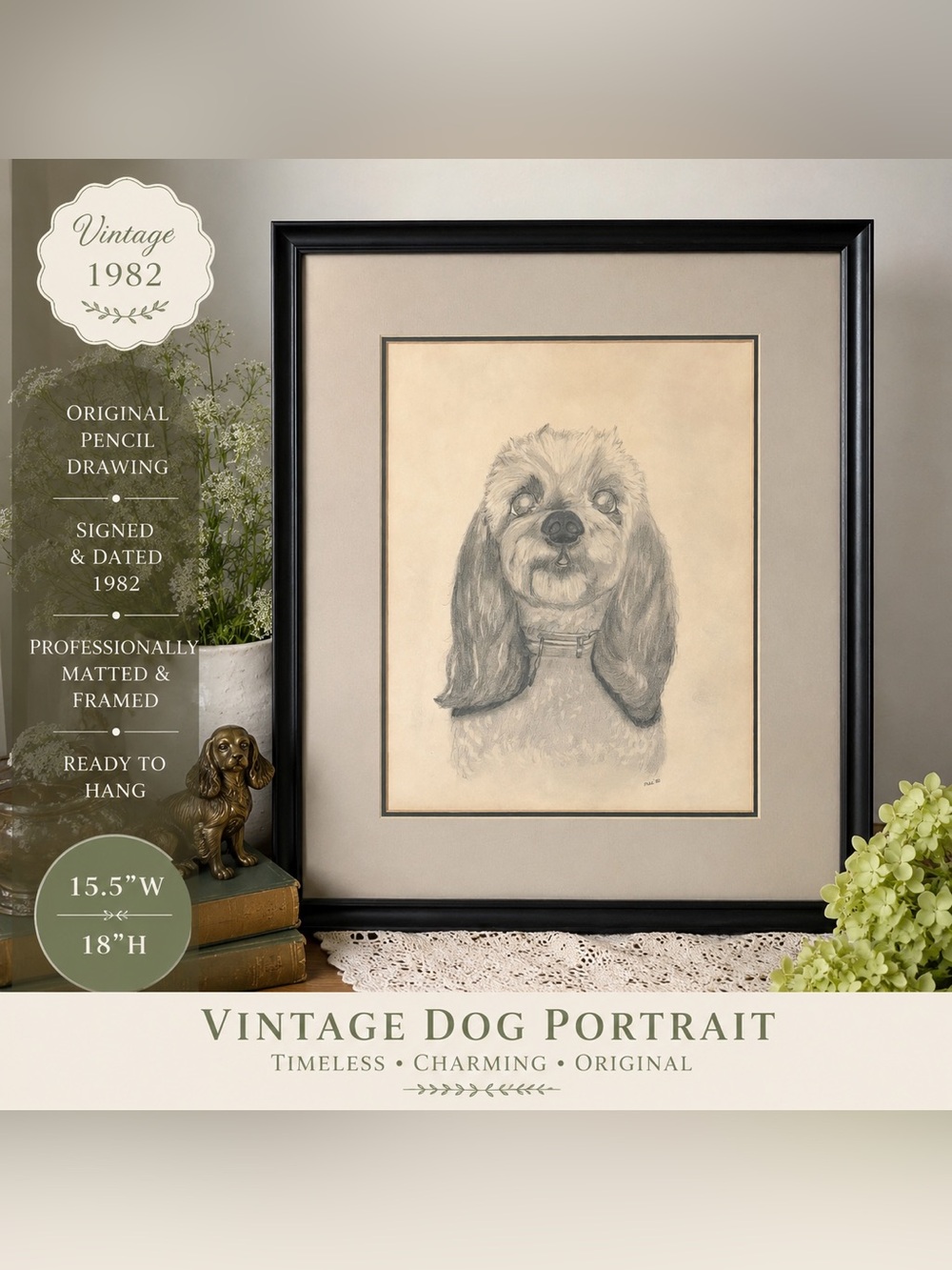 Vintage Framed Dog Portrait Pencil Drawing Signed 1982 Original Spaniel Wall Art